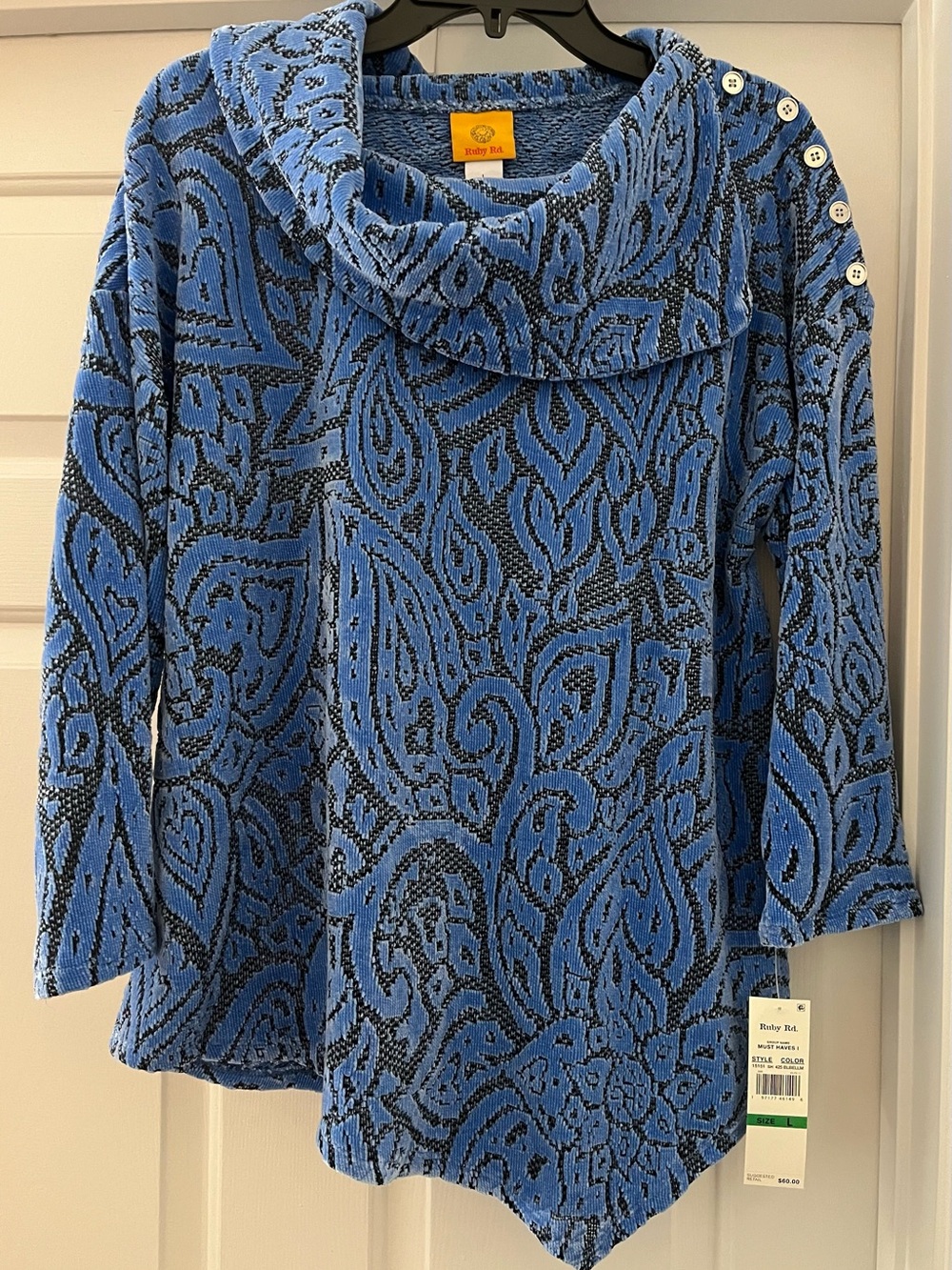 Ruby Rd. Blue and Black Paisley Cowl-Neck Button-Shoulder Sweater